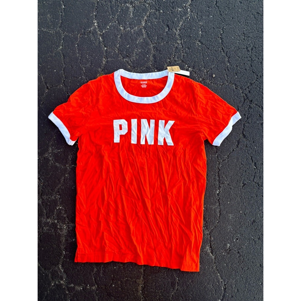 VICTORIAS SECRET PINK LOGO CAMPUS RINGER CREW NECK TSHIRT SZ Medium ORANGE NWT
